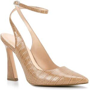 Women's Khaki Faux Leather Pointed Toe Closed Ankle Strap Stylish Comfort Heel